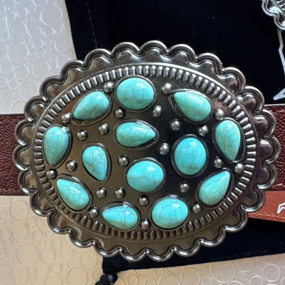 Lucky & Blessed Turquoise Concho Leather Belt - Size S Runs Bigger Dust Bag